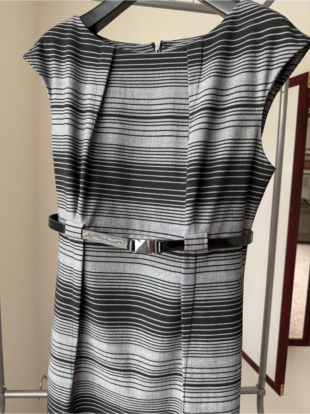 Calvin Klein Black and Silver Striped Midi Sheath Dress